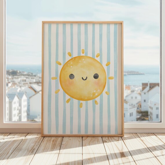 Cute Smiling Watercolor Sun On Blue Striped Nursery Wall Art