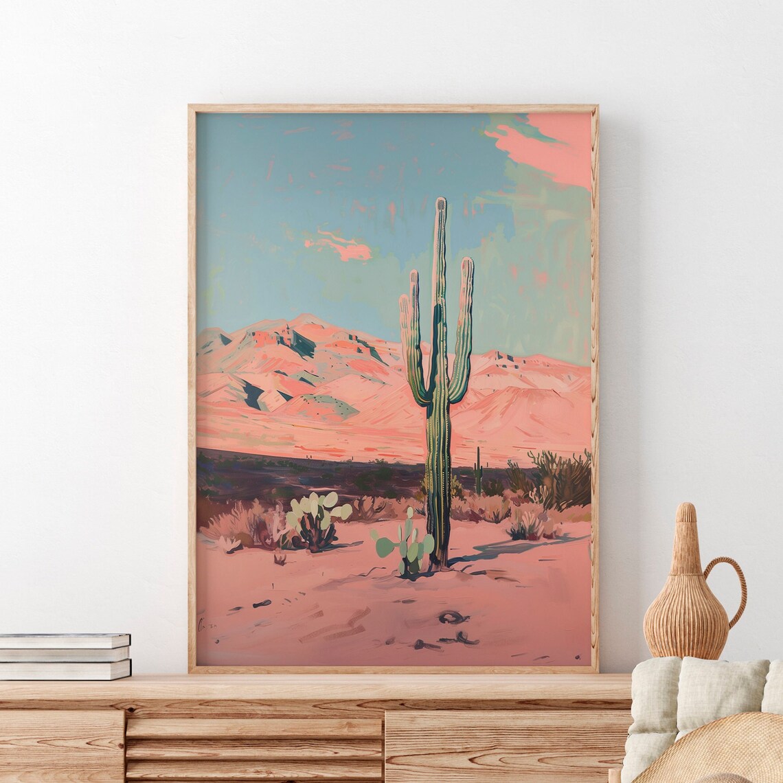 Saguaro Cactus Pink Desert Sunset Mountains Southwest Landscape Poster