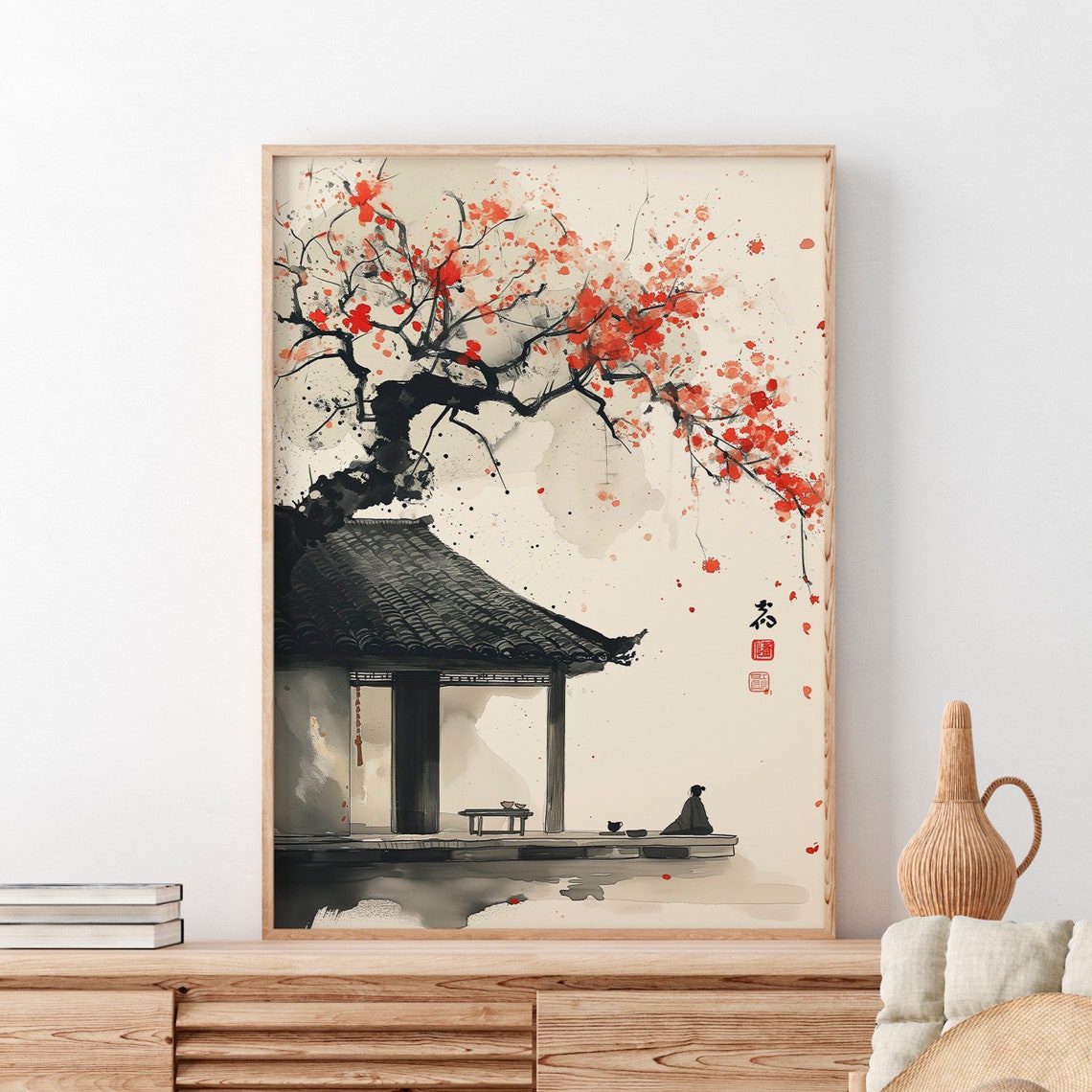 Japanese Sumi-e Plum Blossom Pavilion Zen Ink Wash Landscape Poster - Image 2