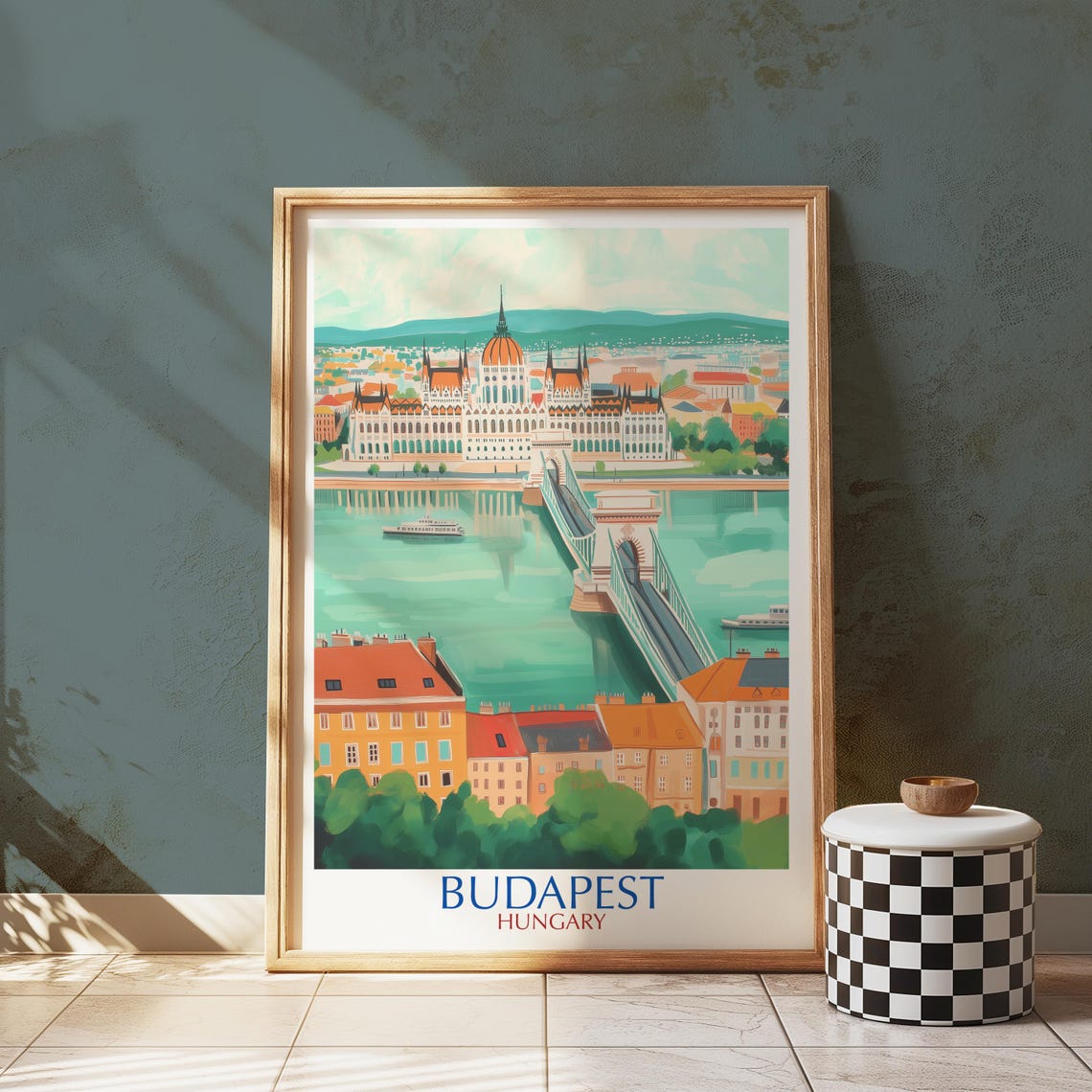 Budapest Hungary Chain Bridge Parliament Danube Vintage Travel Poster