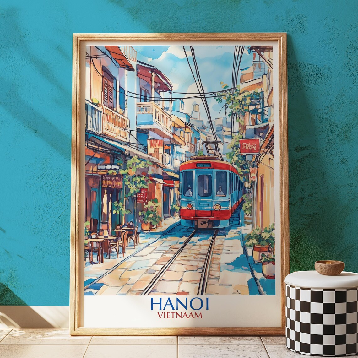 Hanoi Vietnam Illustrated Travel Poster Red Tram Old Town Street Vibrant Shops Art