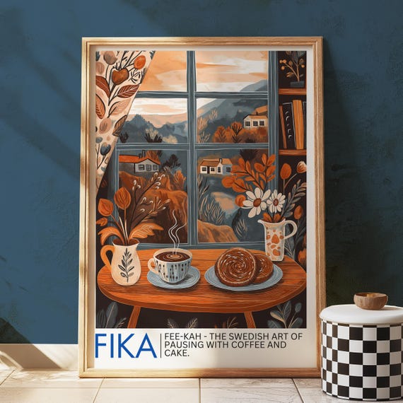 Fika Art Print Swedish Coffee And Pastry Wall Nordic Lifestyle Illustration