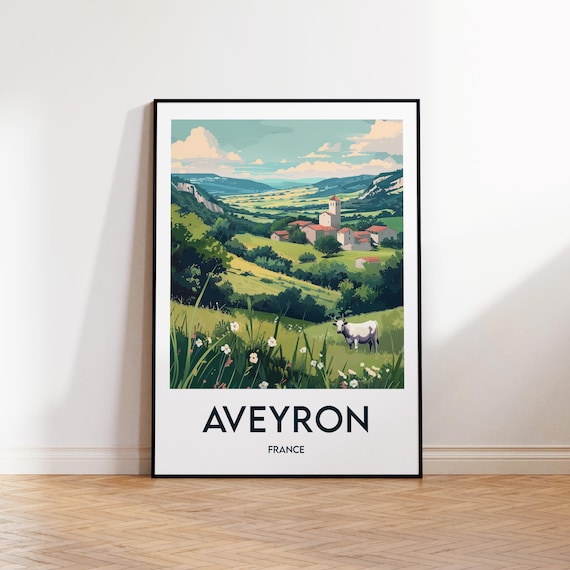 Aveyron France Vintage Travel Poster Village Valley Wildflowers