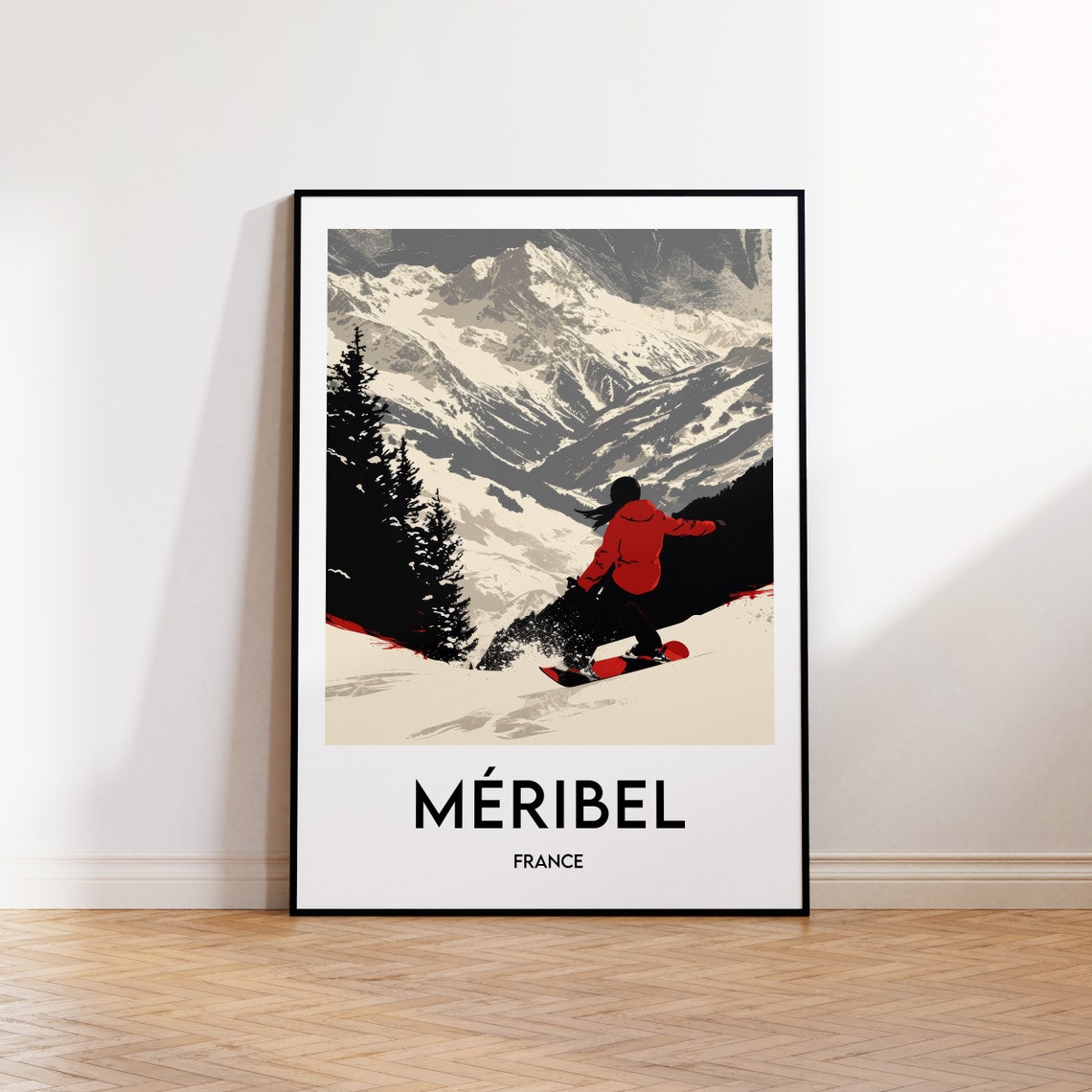 Meribel France Snowboarder Alpine Peaks Retro Ski Travel Poster