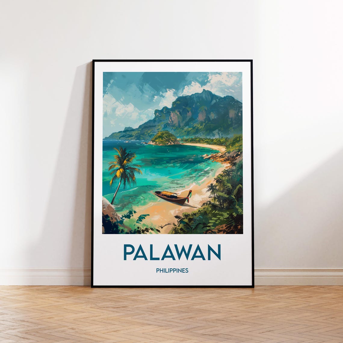 Palawan Philippines Tropical Beach With Longtail Boat Poster