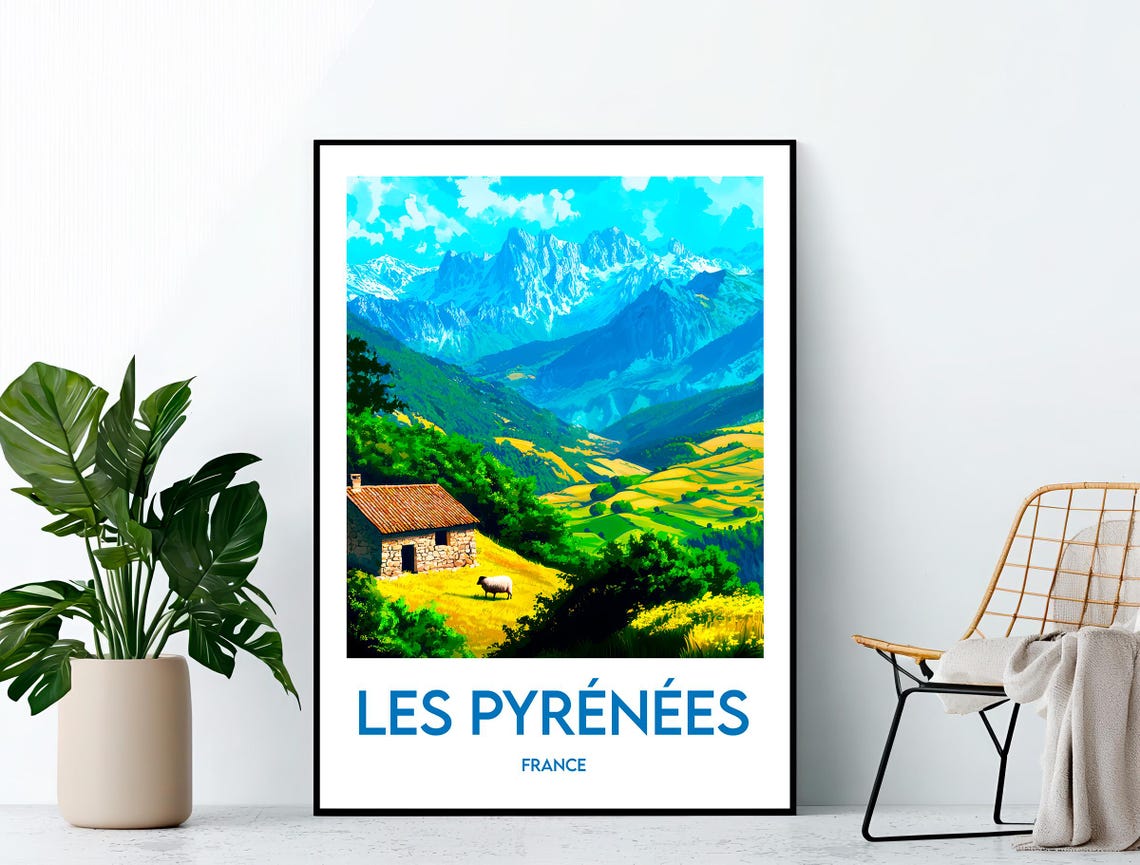 Les Pyrénées France Snow Capped Mountains Over a Green Valley Poster