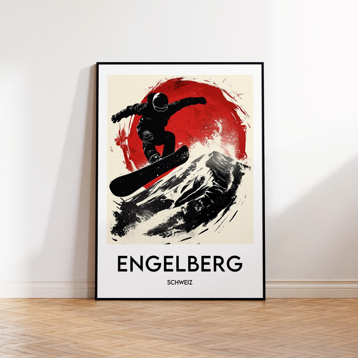 Engelberg Switzerland Snowboarder Airborne Against Red Sun Bold Sports Poster