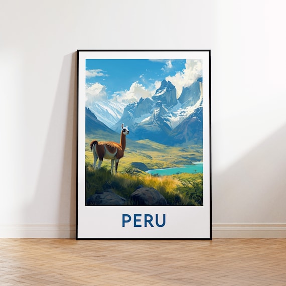 Peru Andes Llama Snow Capped Mountains Turquoise Lake Travel Poster