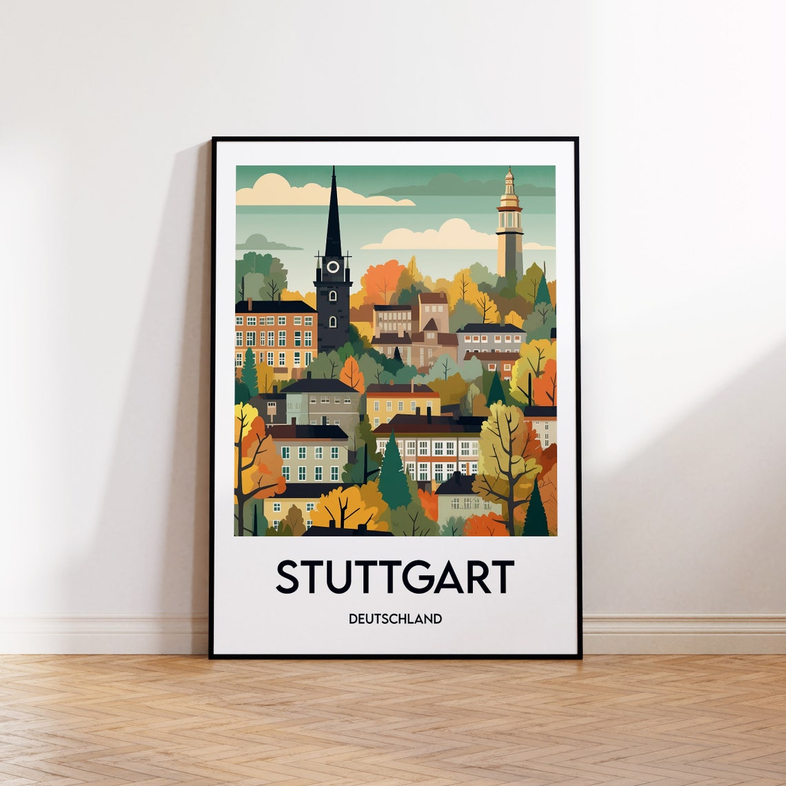 Stuttgart Deutschland Autumn Cityscape Poster with Church Spires