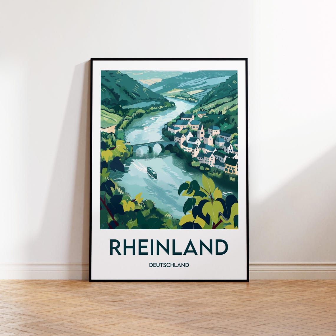 Rheinland Deutschland Rhine River Village Retro Travel Poster
