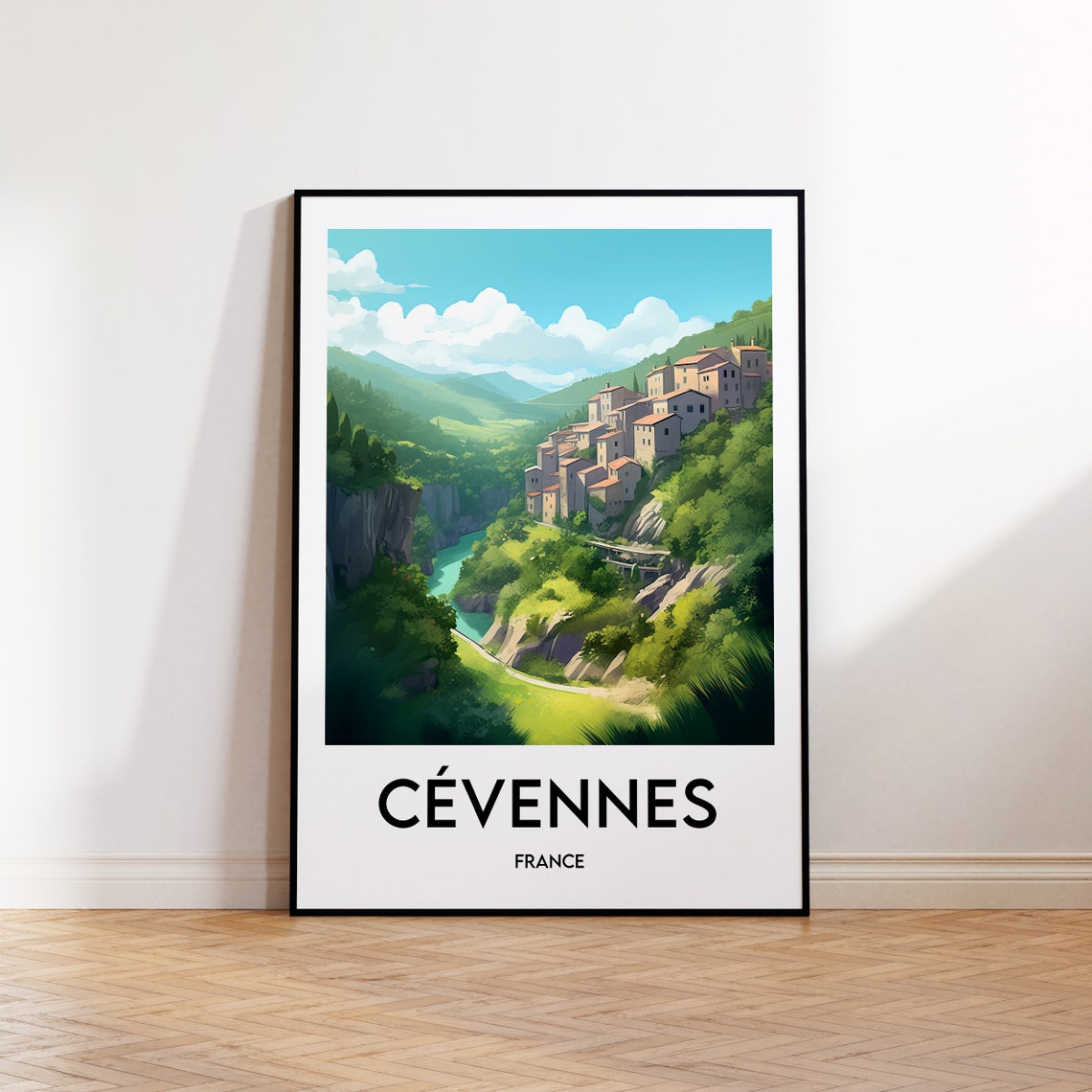 Cevennes France Cliffside Village River Gorge Vintage Travel Poster