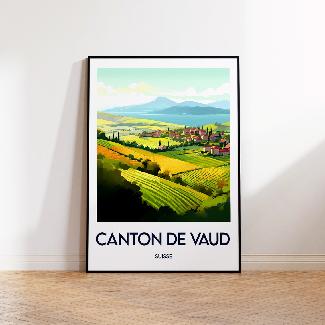 Canton de Vaud Suisse Vineyard Hills Lake Vintage Travel Poster