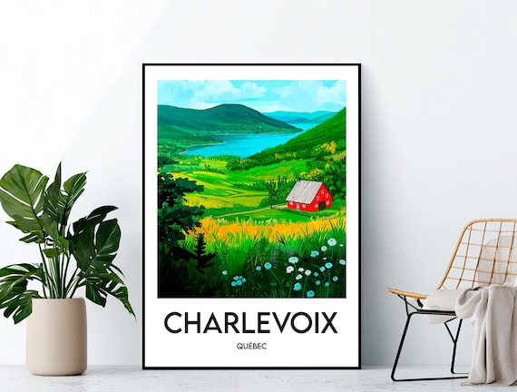 Charlevoix Quebec Red Barn by a Blue Lake With Green Mountains Poster