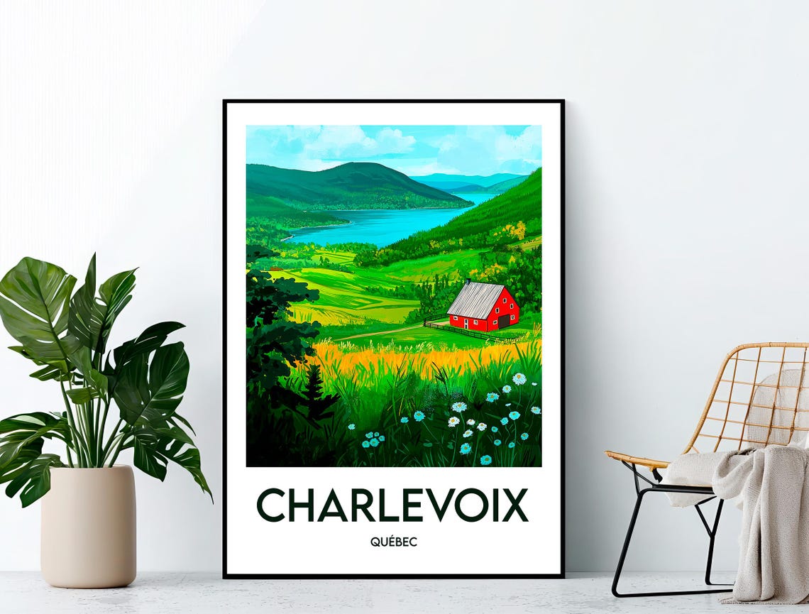Charlevoix Quebec Red Barn by a Blue Lake With Green Mountains Poster