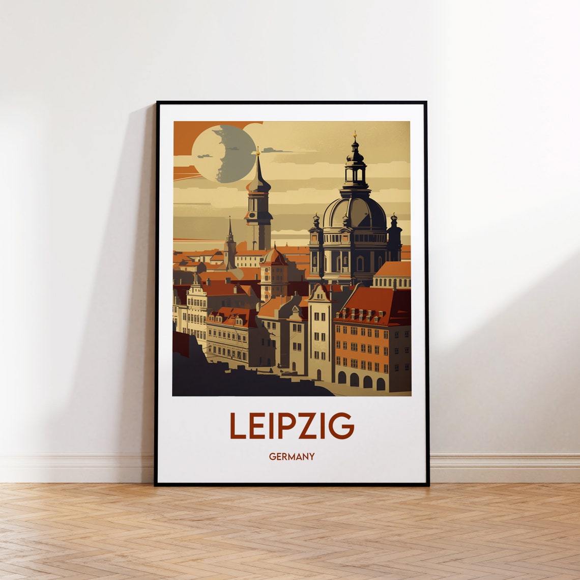 Leipzig Germany Sunset Skyline Vintage Illustration Travel Poster