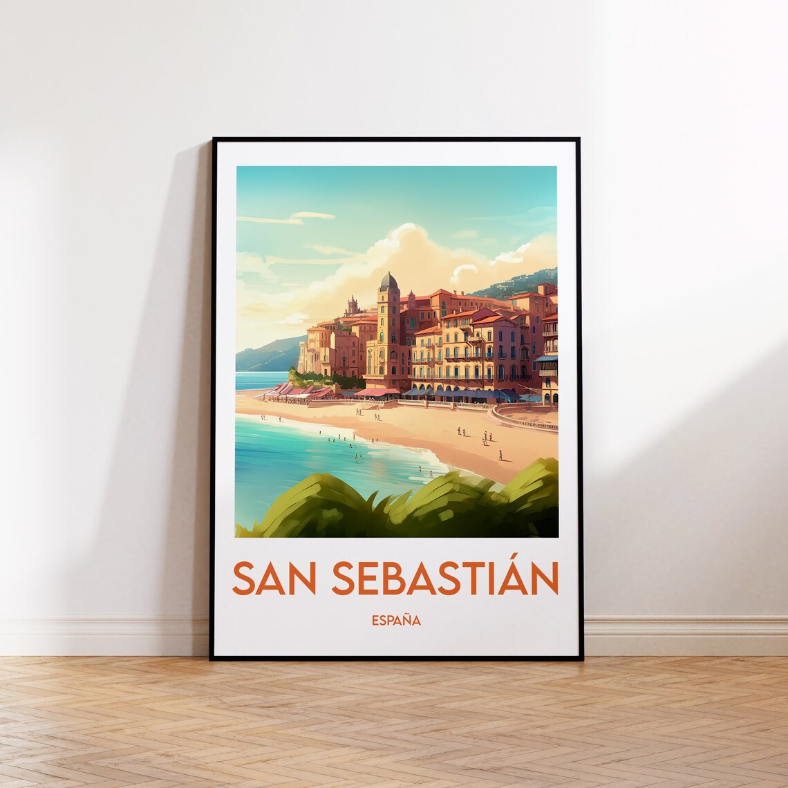 San Sebastian Spain Sunlit Beach And Grand Waterfront Buildings Travel Poster