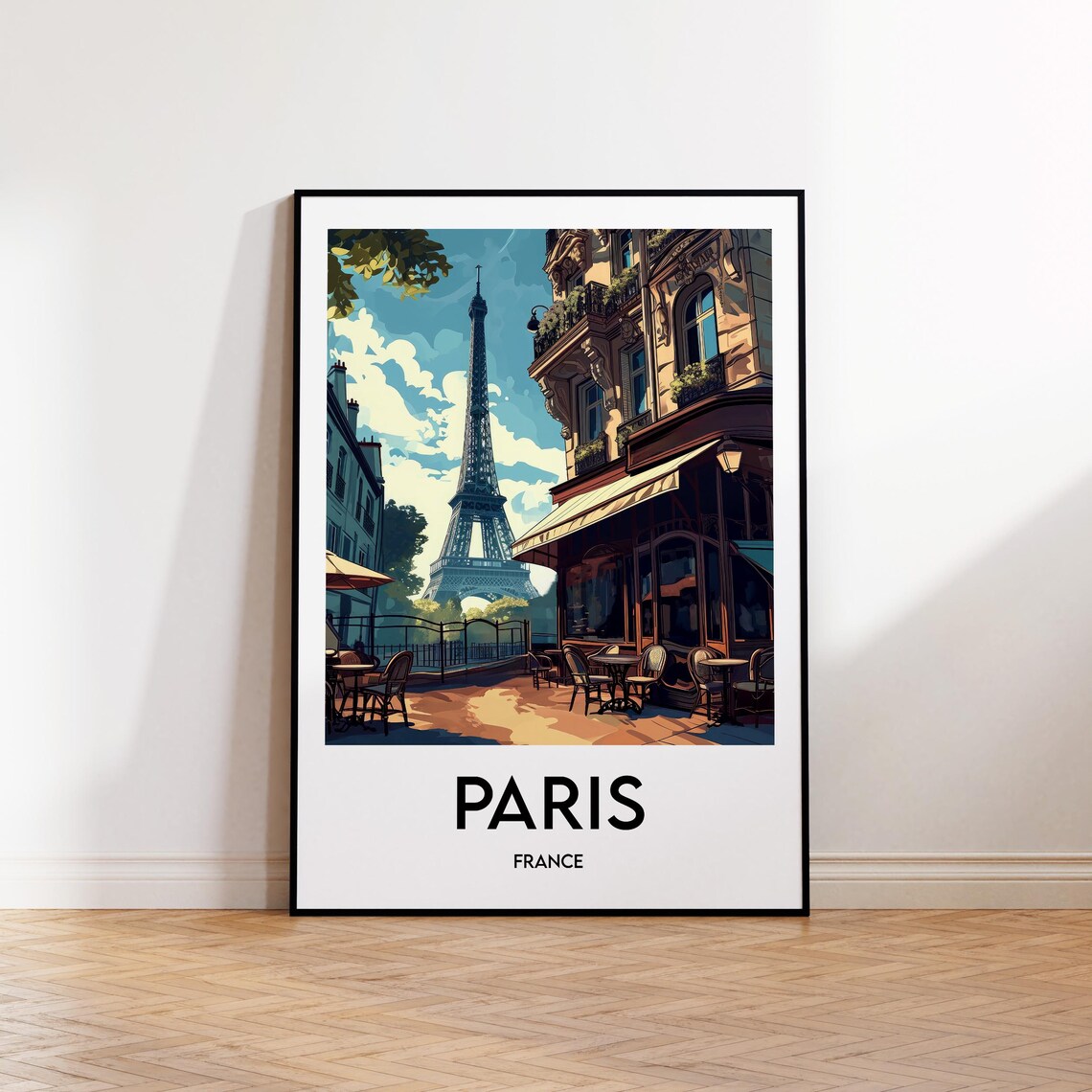 Paris France Eiffel Tower Street Cafe Terrace Sunlit Afternoon Travel Poster