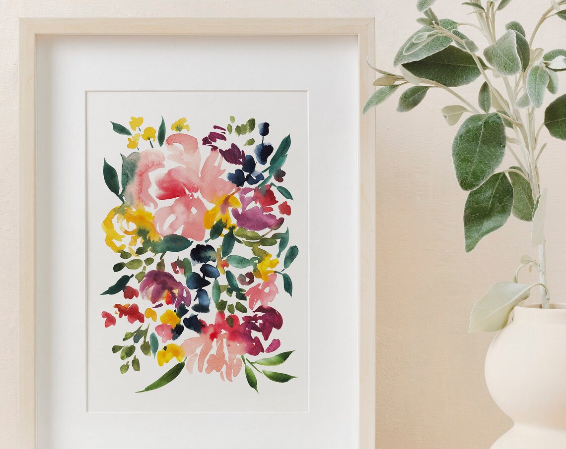 Soft Pink And Yellow Watercolor Bouquet Abstract Floral Art Print