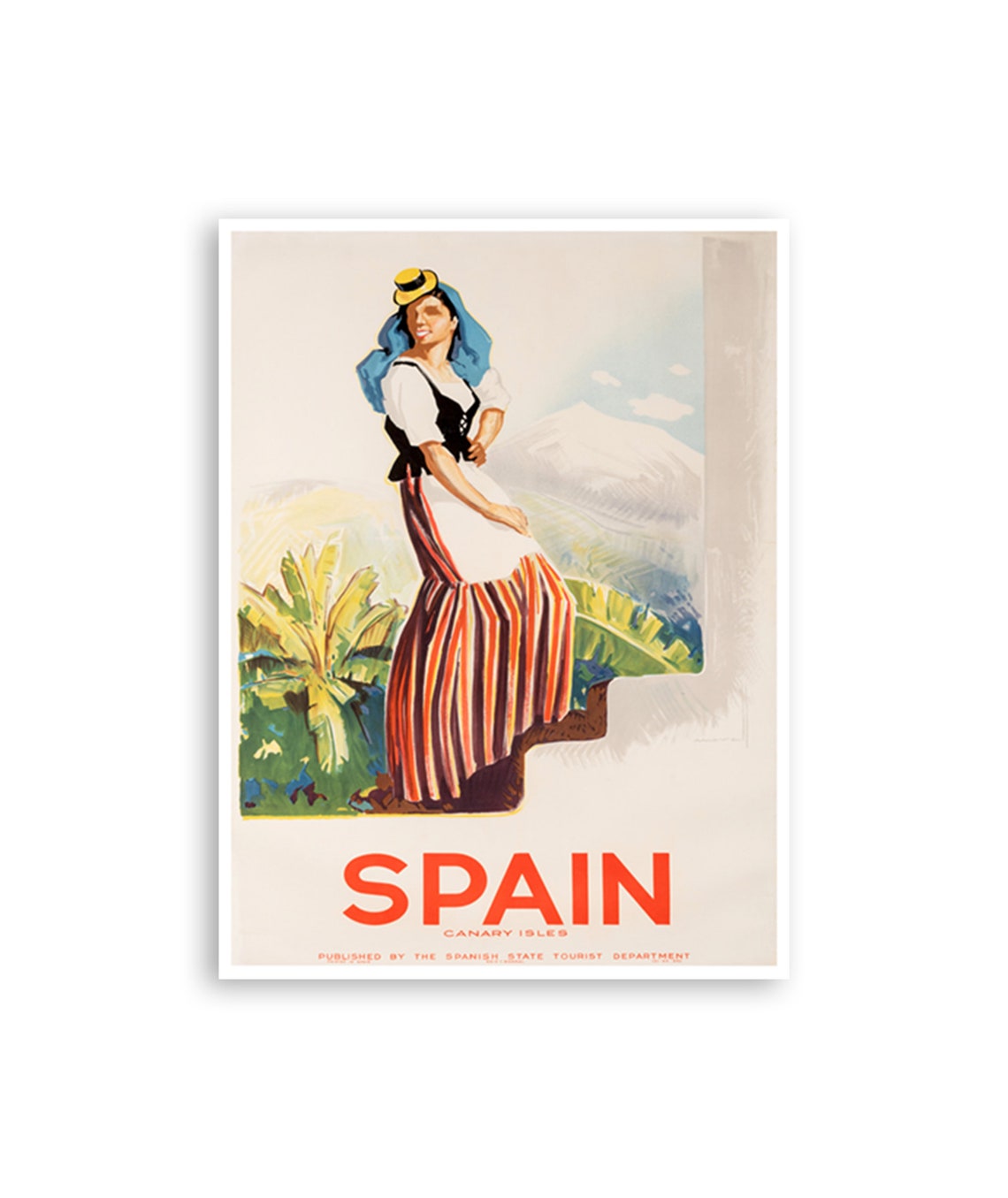 Spain Canary Isles Woman Traditional Dress Palms Vintage Poster