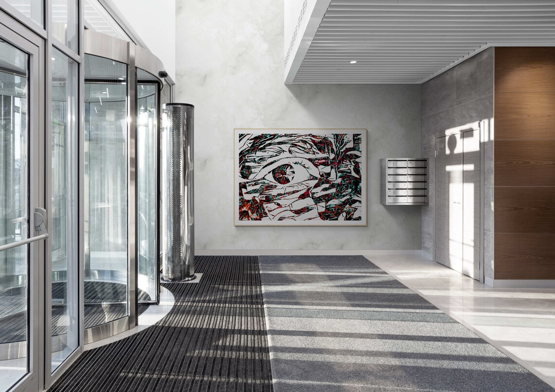 Close Up Eye in Black White with Teal Red Marble Accents Poster - Image 5