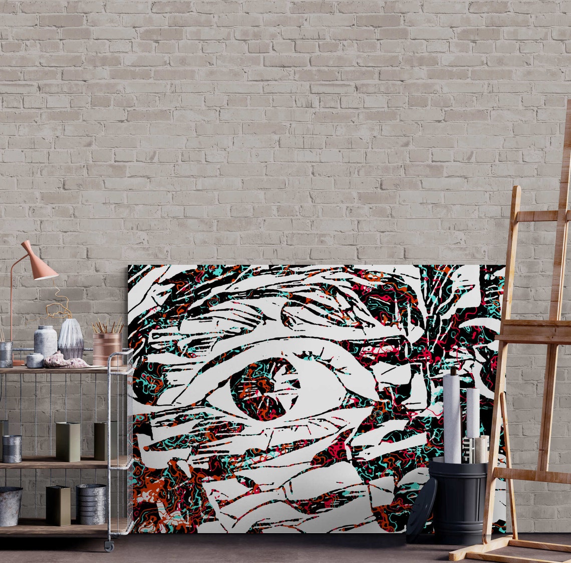 Close Up Eye in Black White with Teal Red Marble Accents Poster - Image 7