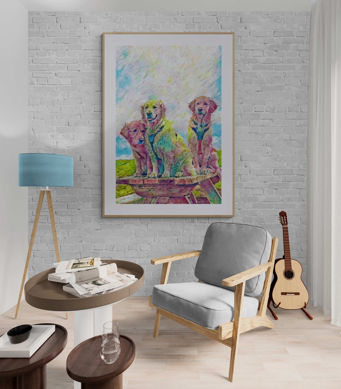 Three Golden Retrievers on a Picnic Table Watercolor Dog Print - Image 4