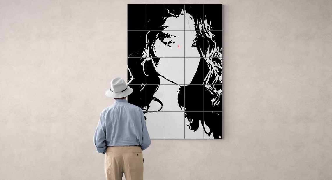 Stencil Portrait of a Woman with a Red Teardrop Black White Print - Image 3