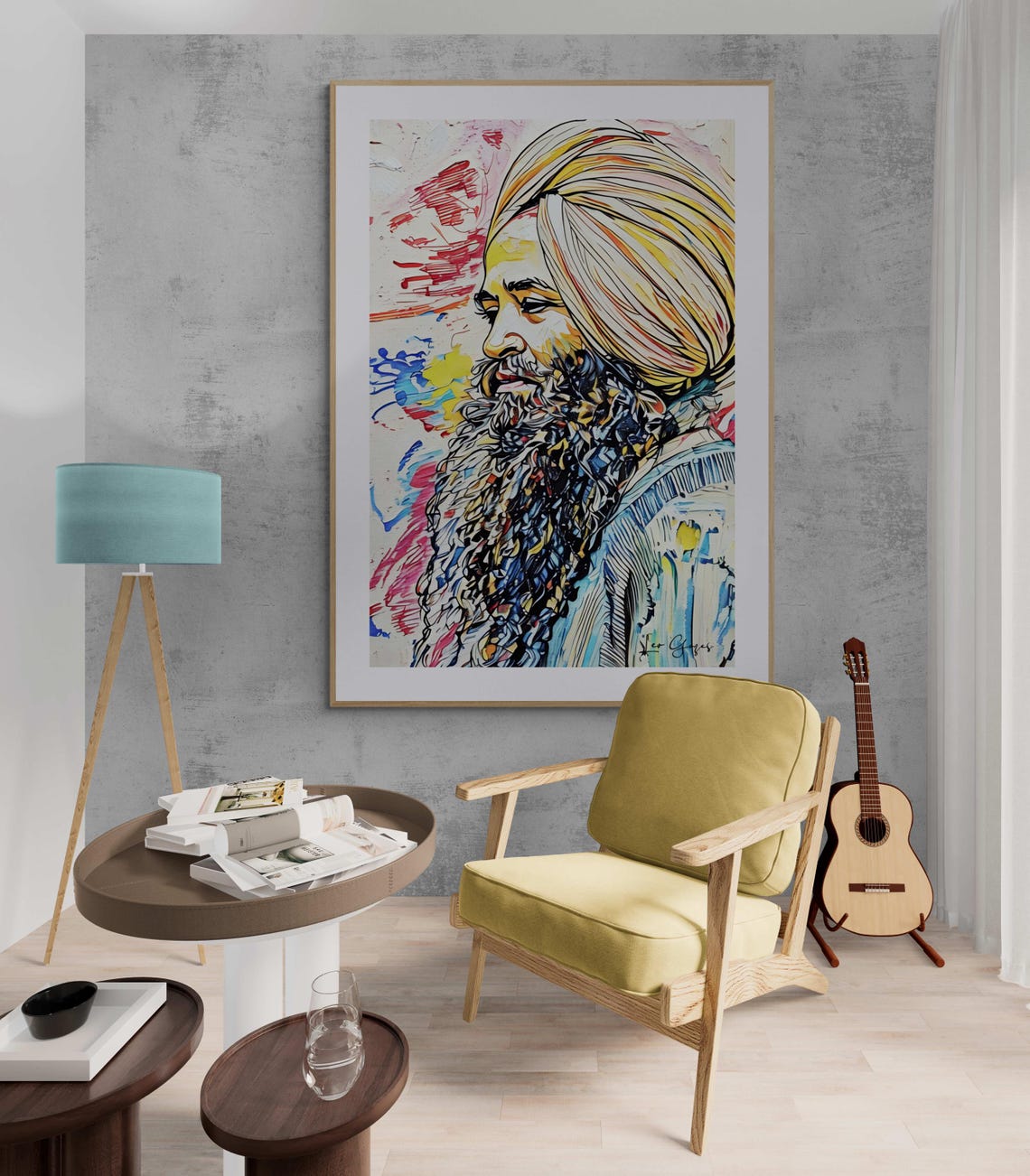 Bearded Man in a Turban Colorful Abstract Line Portrait Art Print - Image 2
