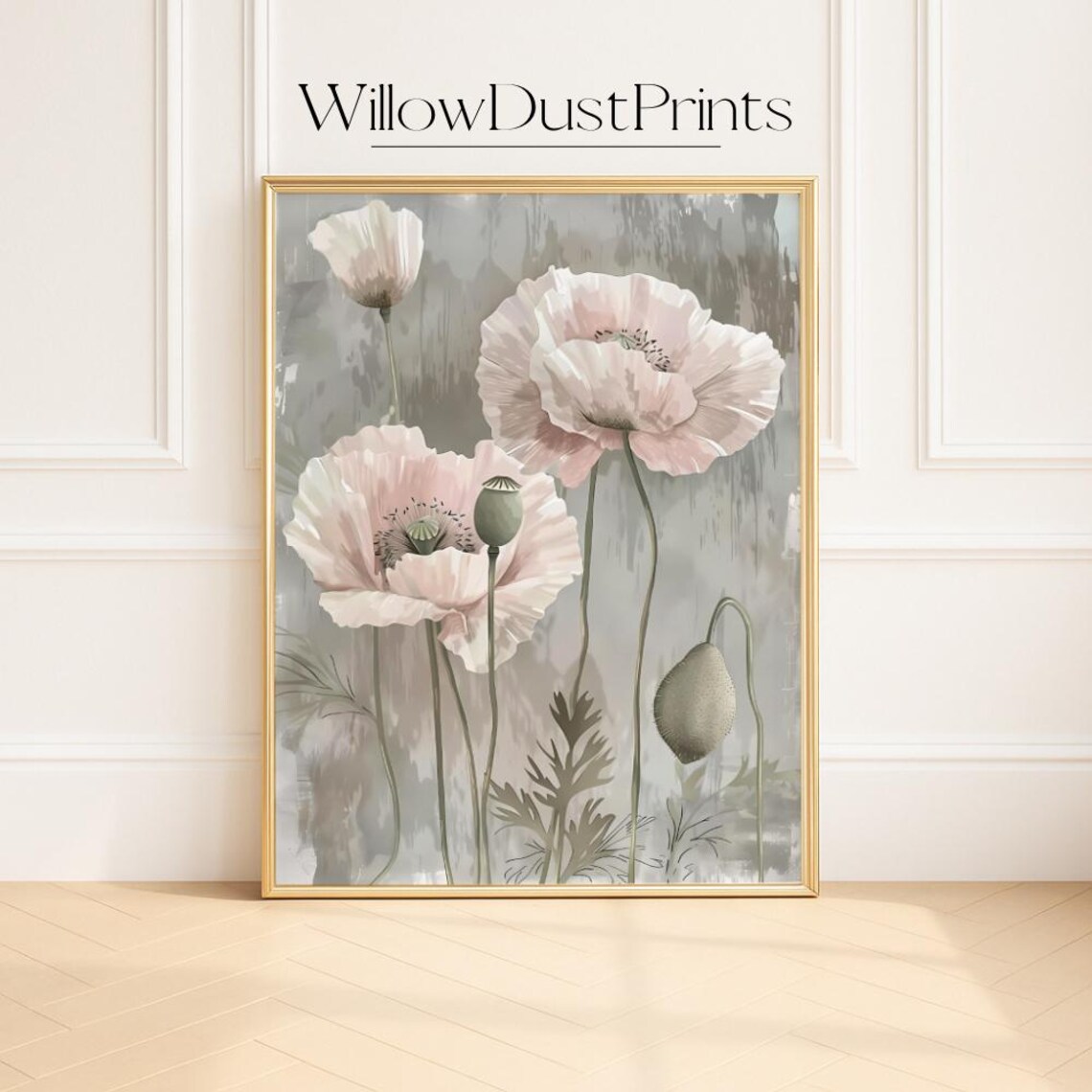 Delicate Soft Pink Poppy Floral Botanical Watercolor Art Poster