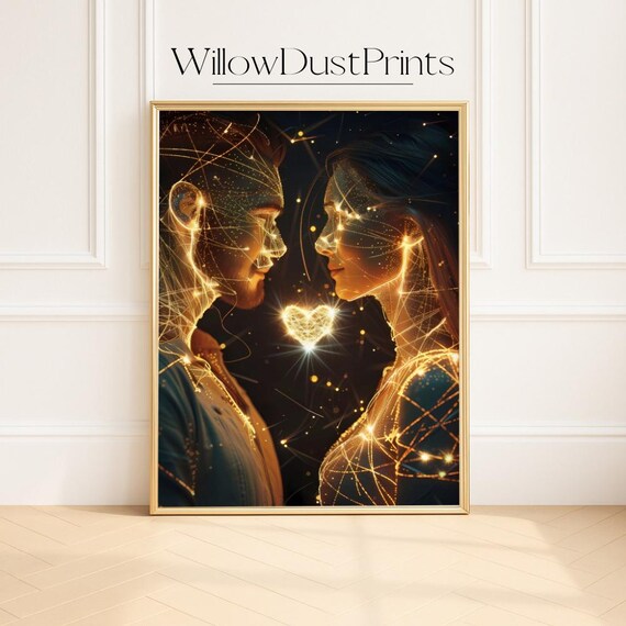 Glowing Golden Couple With Light Lines Futuristic Love Poster