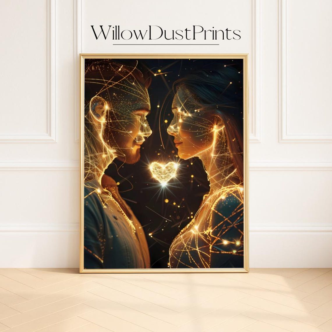 Glowing Golden Couple With Light Lines Futuristic Love Poster