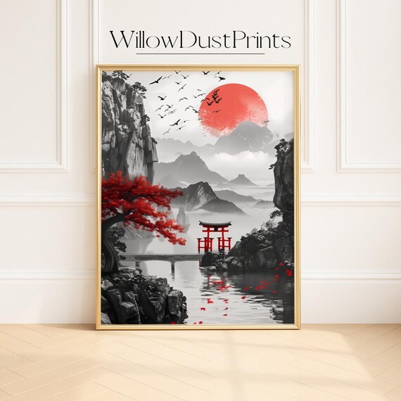 Japanese Torii Gate Red Sun Zen Mountain Landscape Art Poster