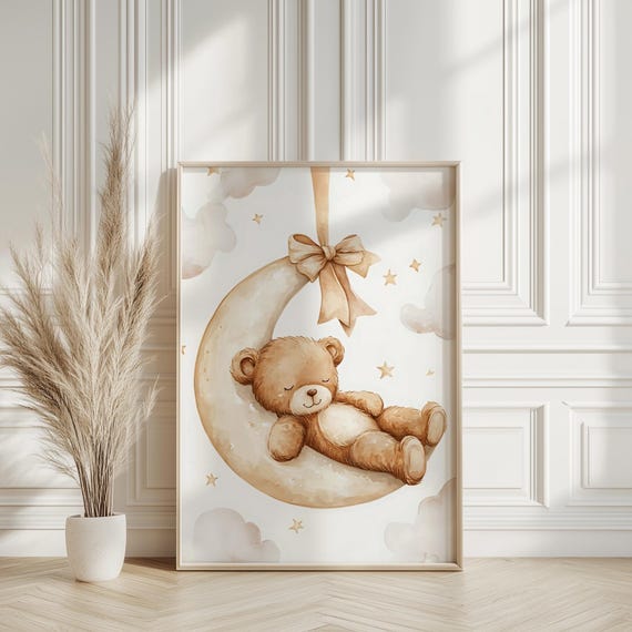Teddy Bear Nursery Wall Art Print Decor Moon Sleeping Child Kids Baby Neutral Gift