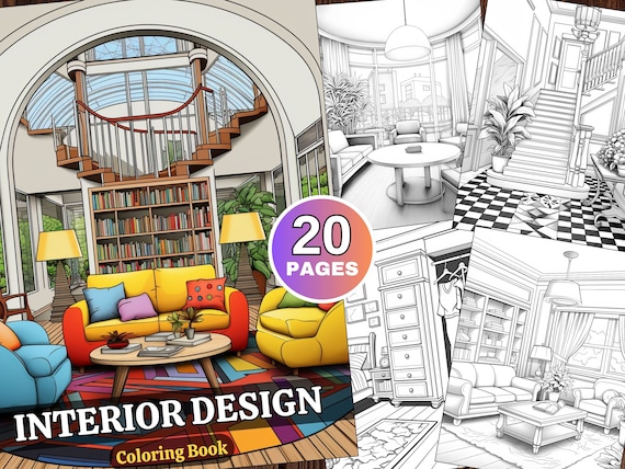 Interior Design Coloring Book 20 Pages Grayscale Printable Adult Print