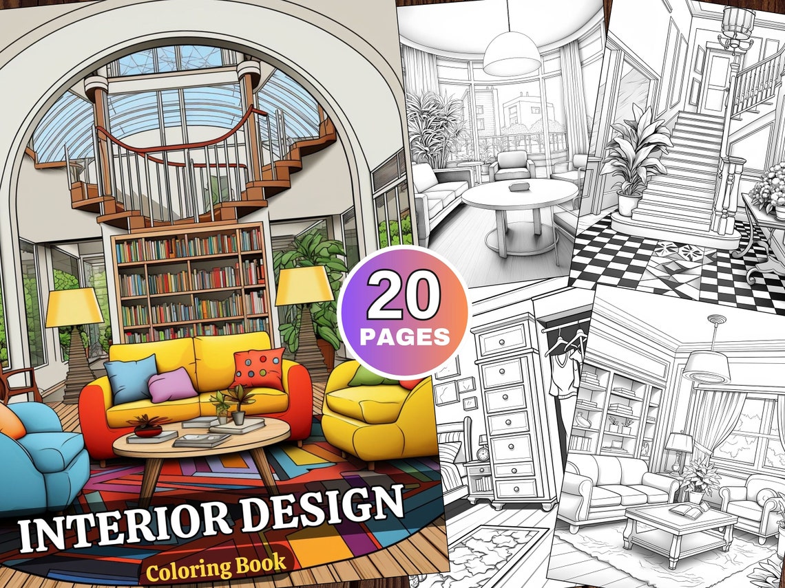 Interior Design Coloring Book 20 Pages Grayscale Printable Adult Print
