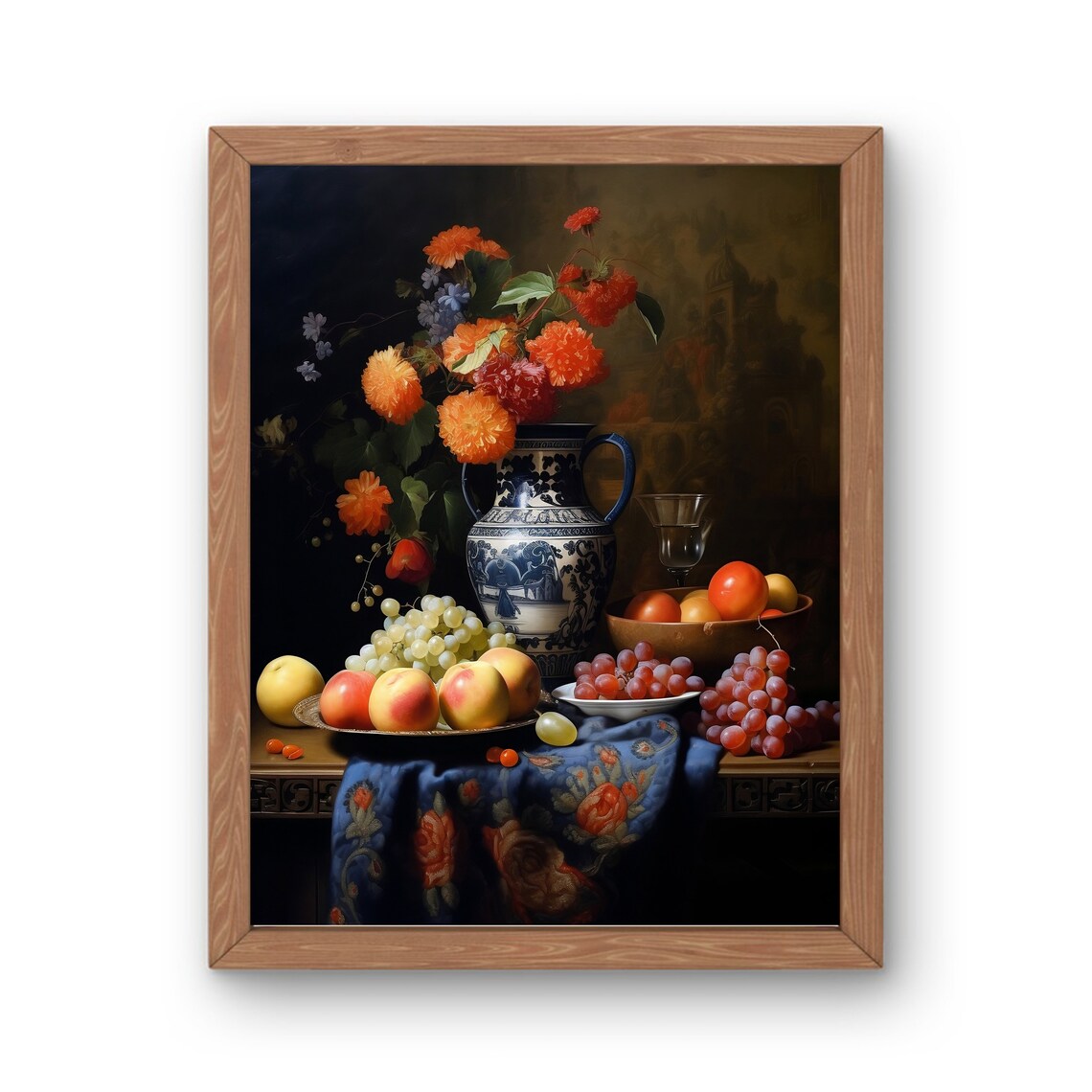 Dutch Still Life Flowers Fruit Delft Jug Vintage Oil Painting Poster