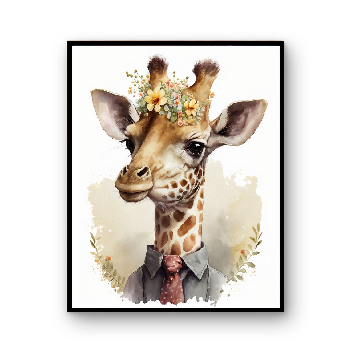 Giraffe Wall Art Nursery Print Portrait Floral Crown Artwork Poster