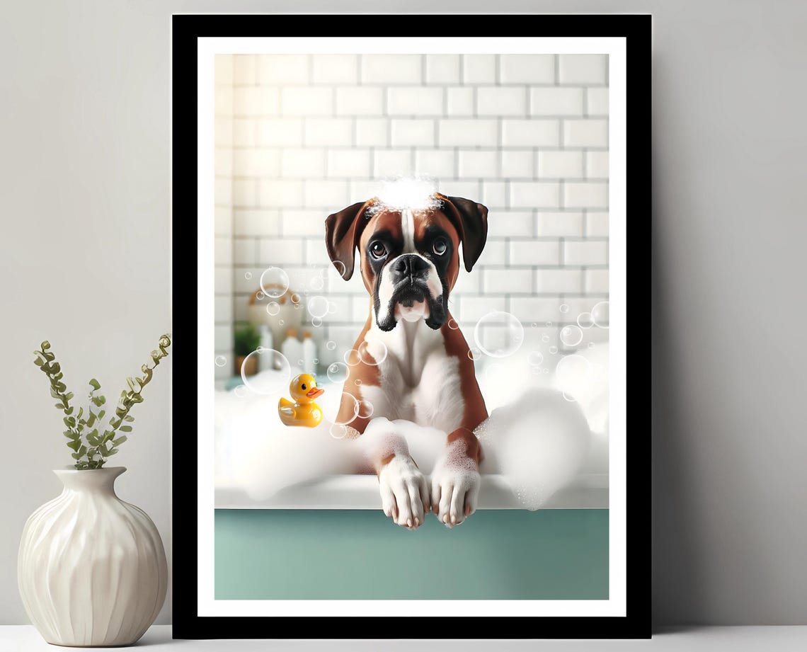 Boxer Puppy Taking a Bubble Bath With Rubber Duck Dog Poster