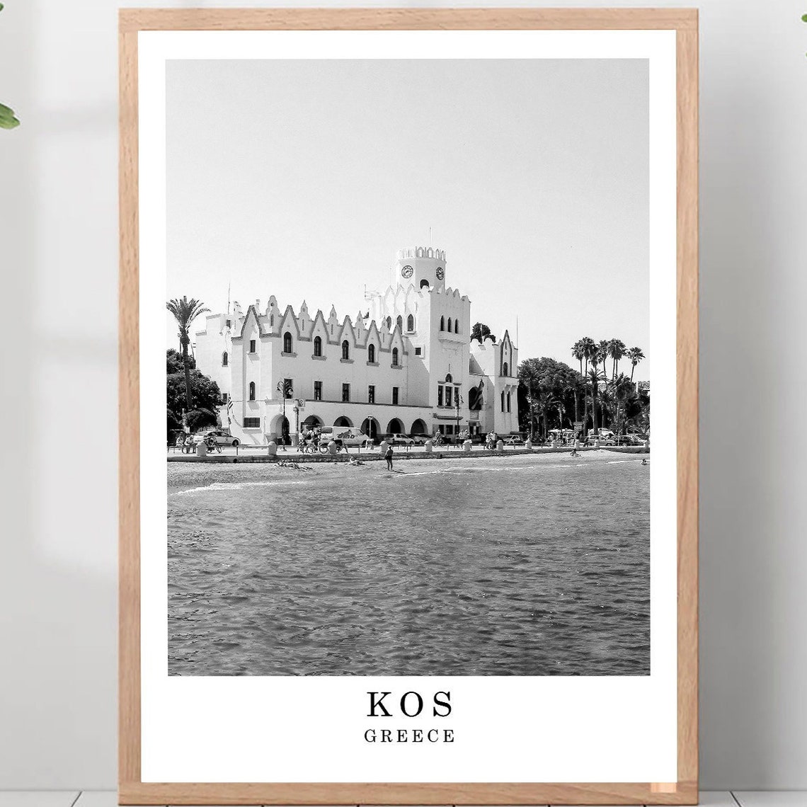 Kos Island Waterfront Clock Tower Beach Greece Black White Poster