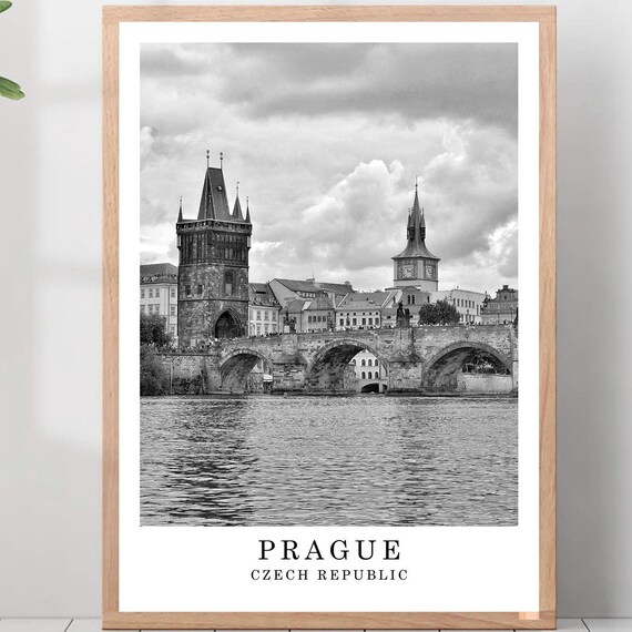 Prague Charles Bridge Vltava River Black And White Czech Landmark Poster