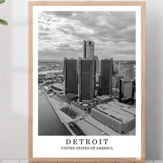 Detroit Michigan Riverfront Skyline Black And White Travel Photo Poster