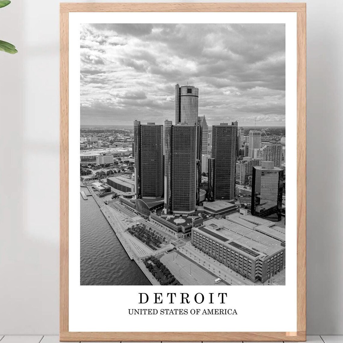 Detroit Michigan Riverfront Skyline Black And White Travel Photo Poster