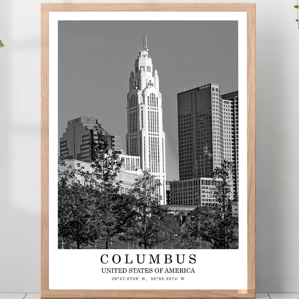 Columbus LeVeque Tower Skyline Coordinates Black and White Poster