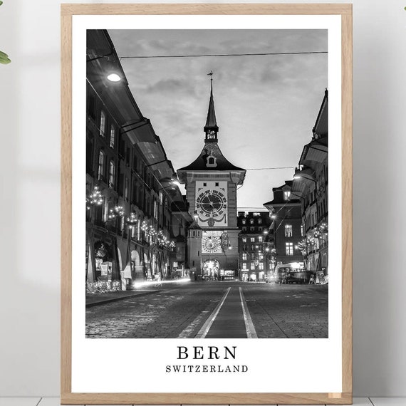 Bern Travel Poster, Minimalist Black and White City Art