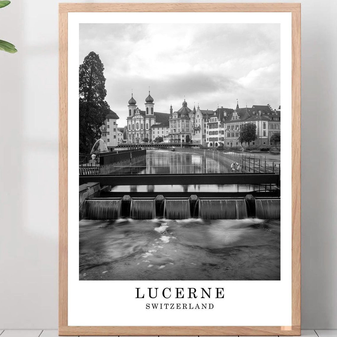 Lucerne Reuss River Weir Waterfalls Black and White Photo Poster