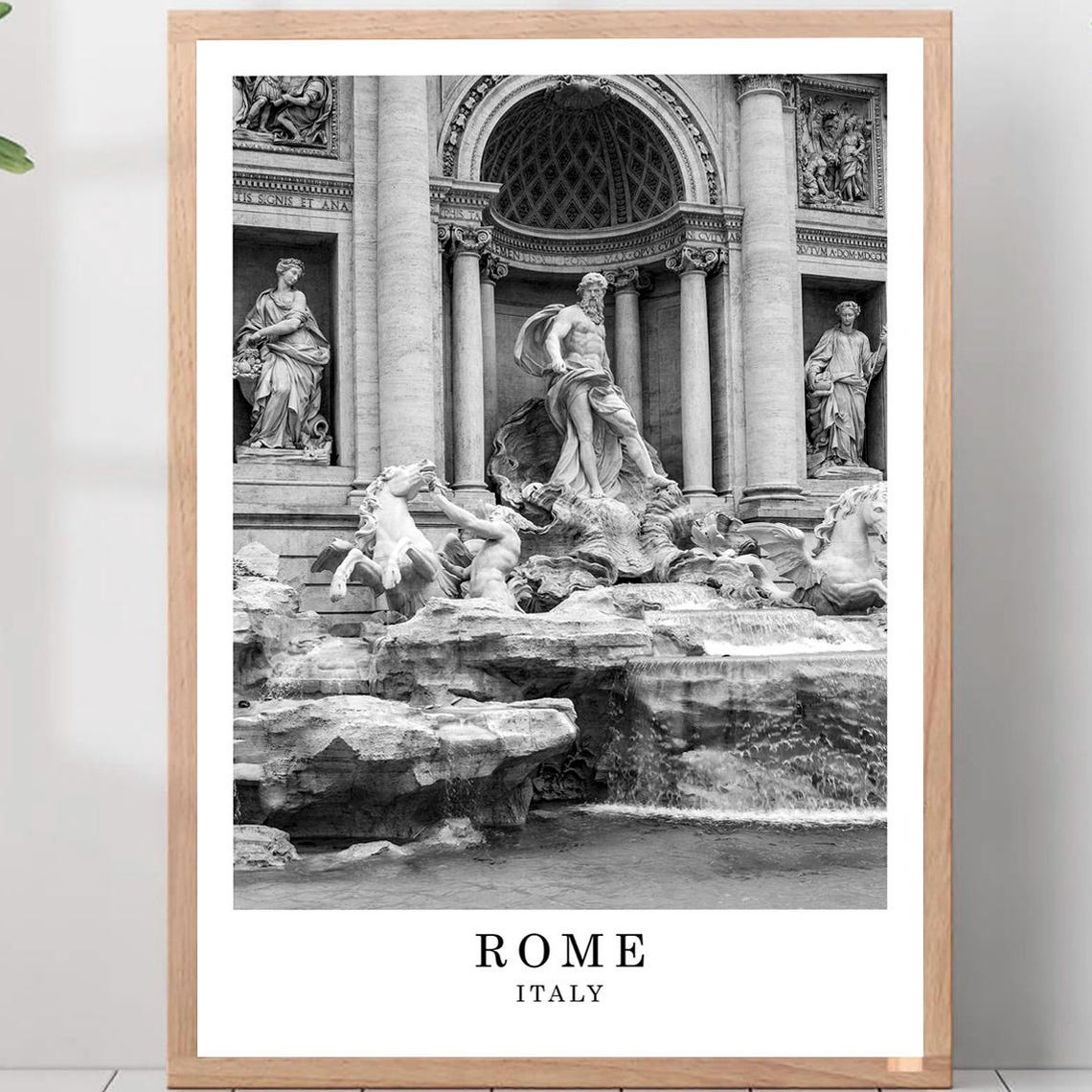 Rome Italy Trevi Fountain Statues Black And White Photo Poster