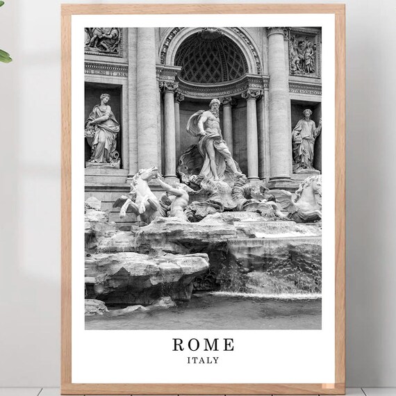 Rome Italy Trevi Fountain Statues Black And White Photo Poster