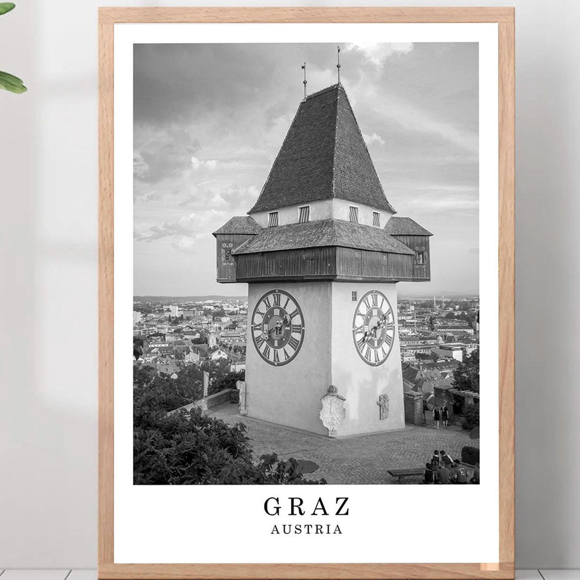 Graz Uhrturm Clock Tower Schlossberg Black and White Photo Poster