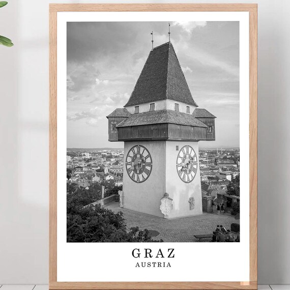 Graz Uhrturm Clock Tower Schlossberg Black and White Photo Poster