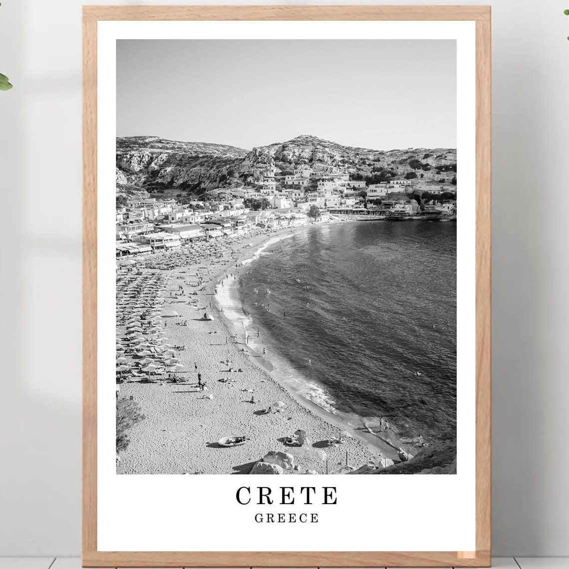 Crete Greece Sandy Beach Bay Coastal Hills Black and White Poster